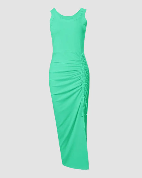 Side Slit Drawstring Ruched Bodycon Casual Sun Maxi Dresses Sleeveless Ribbed Tank Dress green
