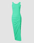 Side Slit Drawstring Ruched Bodycon Casual Sun Maxi Dresses Sleeveless Ribbed Tank Dress green