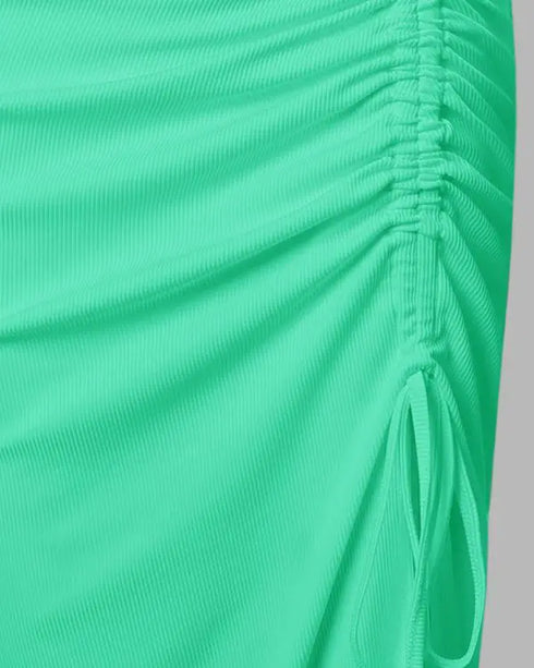 Floral Print U-Neck Thick Strap Drawstring Slit Vacation Dress Casual Ruched Slim Fit Tank Dress green