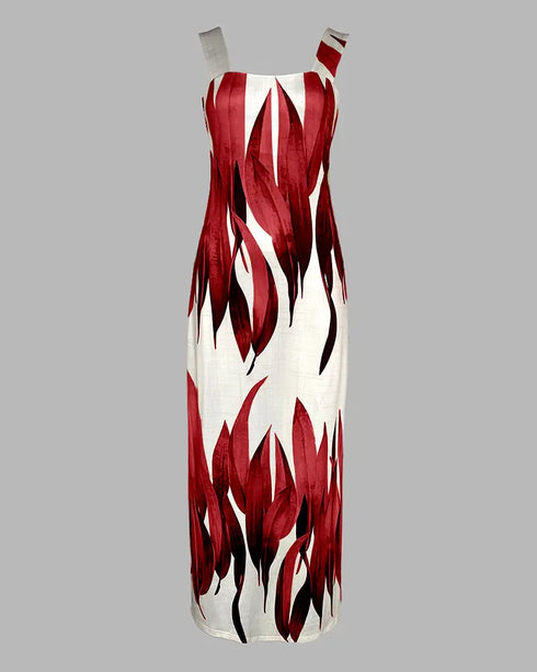 Plants Print Square Neck Thick Strap Maxi Dress Casual Slim Fit Side Slit Vacation Dress with Pockets red