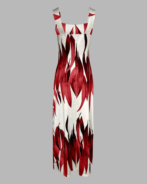 Plants Print Square Neck Thick Strap Maxi Dress Casual Slim Fit Side Slit Vacation Dress with Pockets red