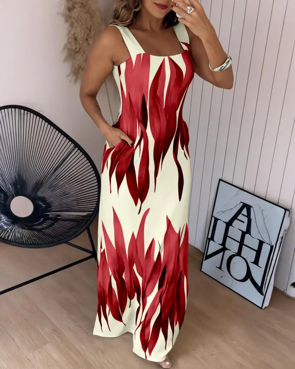 Plants Print Square Neck Thick Strap Maxi Dress Casual Slim Fit Side Slit Vacation Dress with Pockets red