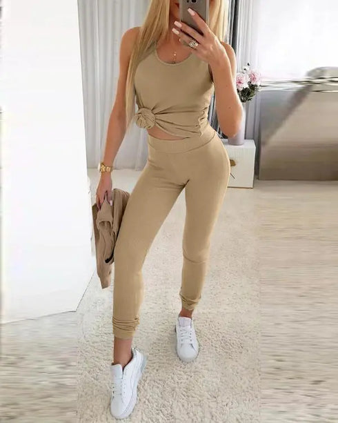 3 Piece Ribbed Tank Top and Crewneck Long Sleeve Tops High Waist Pants Tracksuit khaki