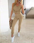 3 Piece Ribbed Tank Top and Crewneck Long Sleeve Tops High Waist Pants Tracksuit khaki