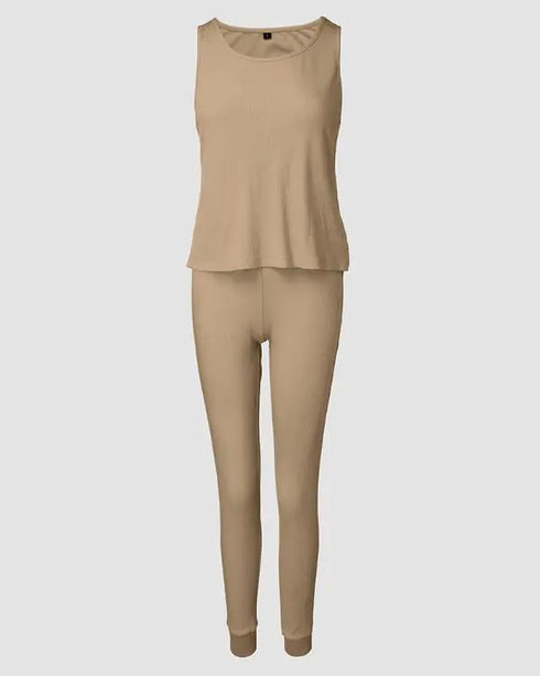 3 Piece Ribbed Tank Top and Crewneck Long Sleeve Tops High Waist Pants Tracksuit khaki