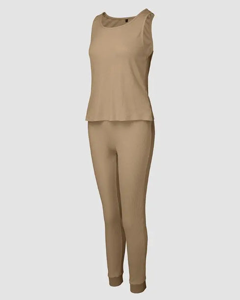 3 Piece Ribbed Tank Top and Crewneck Long Sleeve Tops High Waist Pants Tracksuit khaki