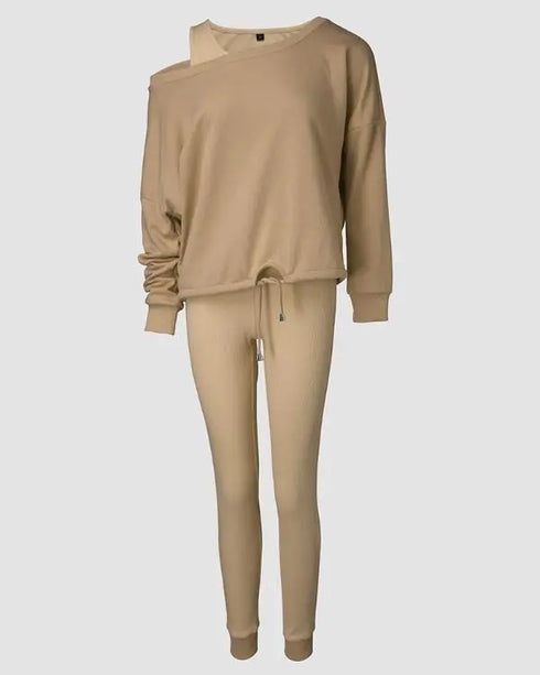 3 Piece Ribbed Tank Top and Crewneck Long Sleeve Tops High Waist Pants Tracksuit khaki