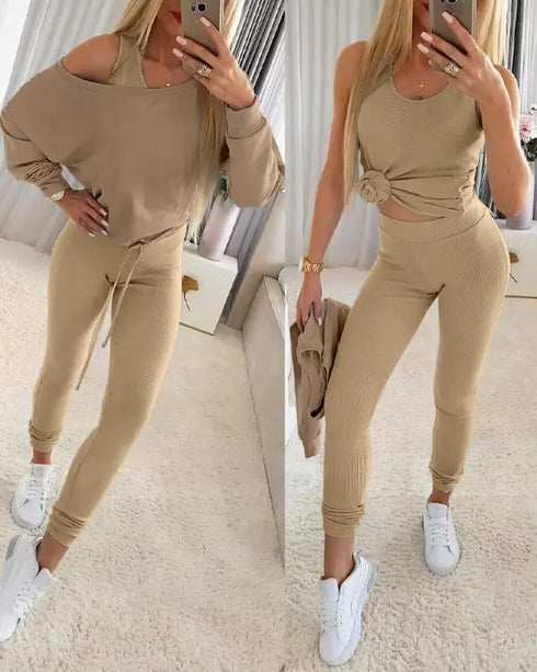 3 Piece Ribbed Tank Top and Crewneck Long Sleeve Tops High Waist Pants Tracksuit khaki
