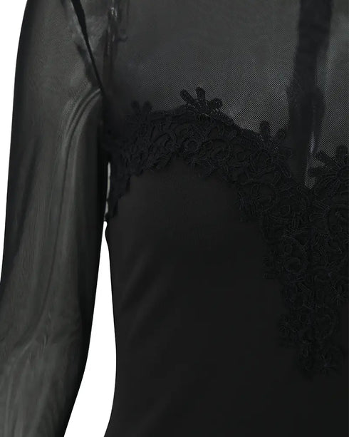 Glitter Long Sleeve Mock Neck Sheer Mesh Patch Bodycon Dress Night Out Party Mini Dress black
