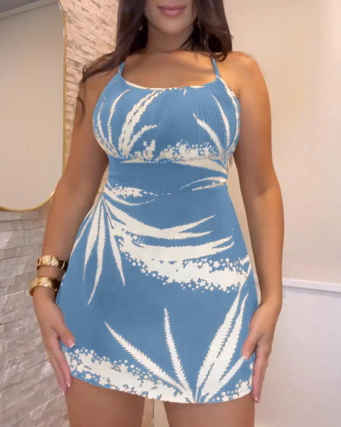 Tropical Print Cold Shoulder Spaghetti Strap Romper Ruched Backless Tied Detail Romper blue