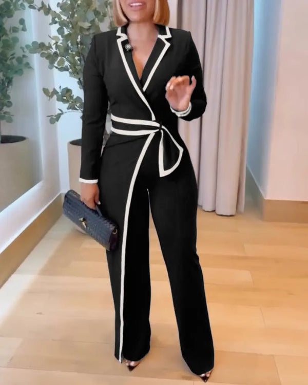 Notched Collar Long Sleeve Button Front Jumpsuit Casual Cinched Waist Wide Leg Faux Two-Piece Jumpsuit black