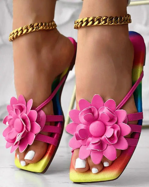 Rainbow Ombre Floral Pattern Slippers hot pink