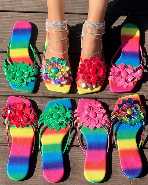 Rainbow Ombre Floral Pattern Slippers hot pink
