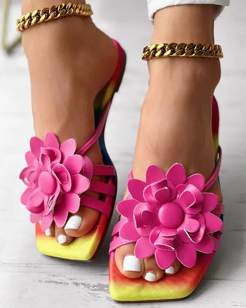 Rainbow Ombre Floral Pattern Slippers hot pink