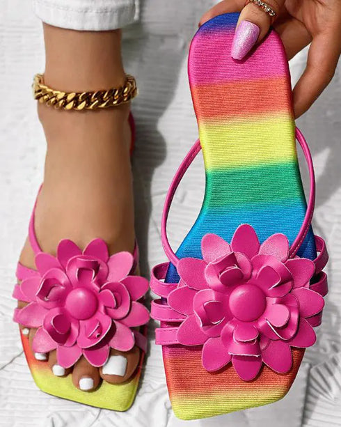 Rainbow Ombre Floral Pattern Slippers hot pink