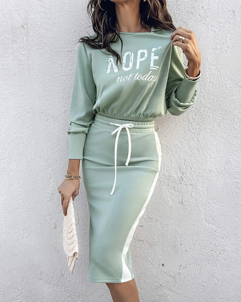 2 Pieces Outfit NOPE. not today Slogan Print Long Sleeve Stretchy Hem Crop Top and Casual Contrast Paneled Drawstring Elastic Waist Slit Back Skirt Set green