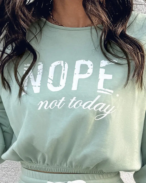 2 Pieces Outfit NOPE. not today Slogan Print Long Sleeve Stretchy Hem Crop Top and Casual Contrast Paneled Drawstring Elastic Waist Slit Back Skirt Set green