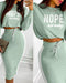 2 Pieces Outfit NOPE. not today Slogan Print Long Sleeve Stretchy Hem Crop Top and Casual Contrast Paneled Drawstring Elastic Waist Slit Back Skirt Set green