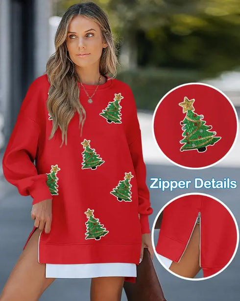 Sequin Christmas Glass Pattern Crew Neck Pullover Top Zipper Side Slit Faux Two-Piece Sweatshirt red