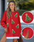 Christmas Santa Claus Pattern Sequin Patch Oversized Sweatshirt Zipper Side Slit Pullover Top red