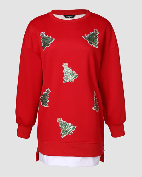 Sequin Christmas Tree Pattern Drop Shoulder Sweatshirt Casual Side Zipper Slit Faux Two-Piece Pullover Top red