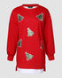 Christmas Santa Claus Pattern Sequin Patch Oversized Sweatshirt Zipper Side Slit Pullover Top red