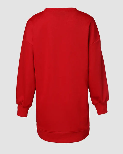 Christmas Santa Claus Pattern Sequin Patch Oversized Sweatshirt Zipper Side Slit Pullover Top red