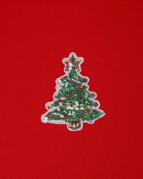 Sequin Christmas Tree Pattern Drop Shoulder Sweatshirt Casual Side Zipper Slit Faux Two-Piece Pullover Top red