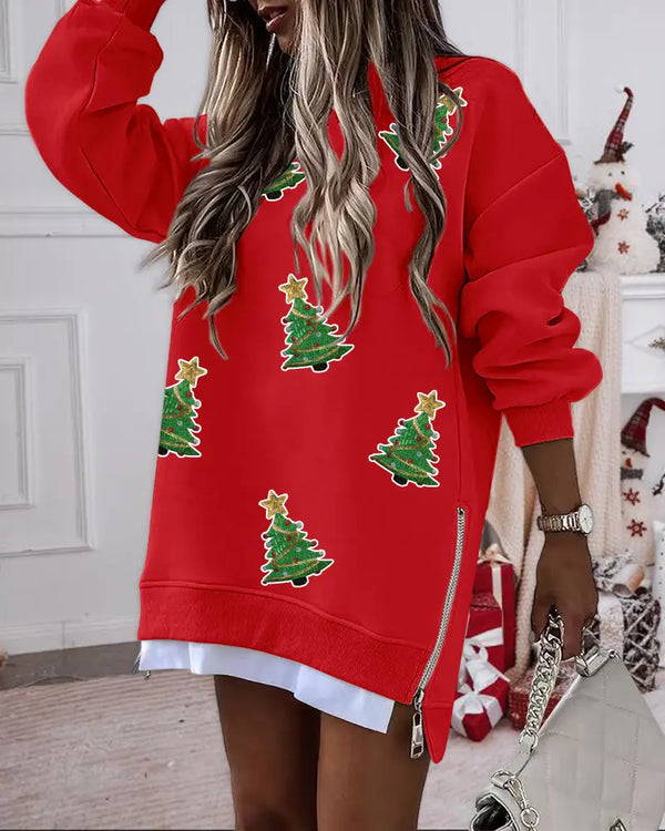 Sequin Christmas Glass Pattern Crew Neck Pullover Top Zipper Side Slit Faux Two-Piece Sweatshirt red
