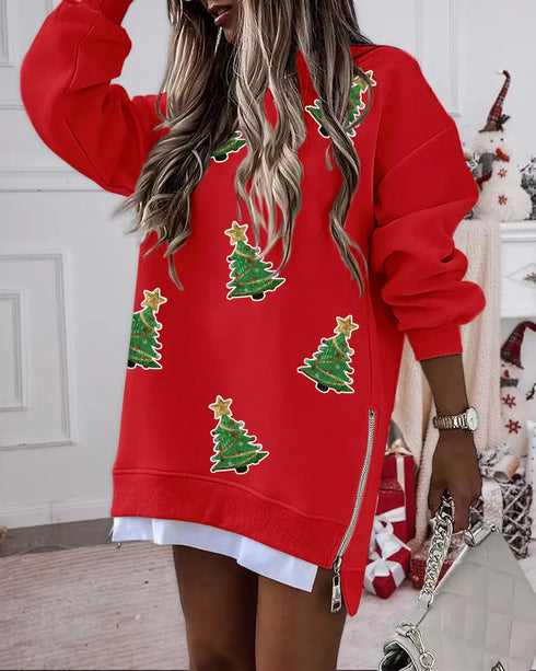 Sequin Christmas Tree Pattern Drop Shoulder Sweatshirt Casual Side Zipper Slit Faux Two-Piece Pullover Top red