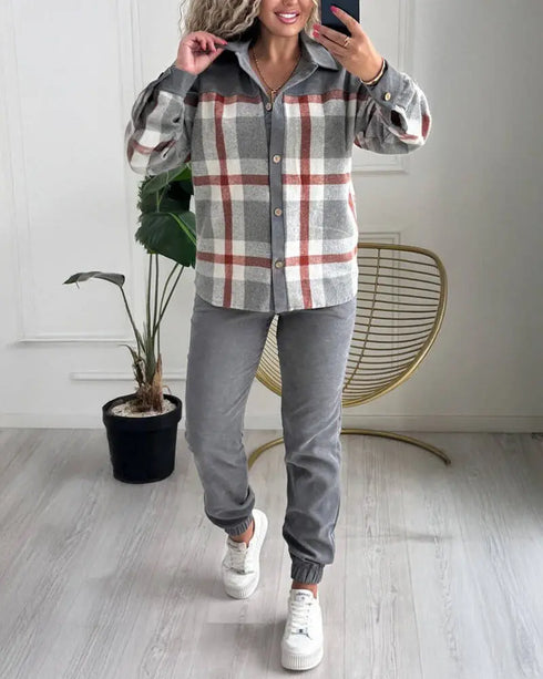 2 Pieces Outfit Plaid Print Spliced Turn-down Collar Button Front Asymmetrical Hem Top and Casual Elastic Waist Jogger Pants Set gray