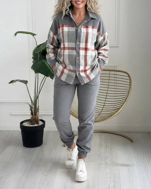 2 Pieces Outfit Plaid Print Spliced Turn-down Collar Button Front Asymmetrical Hem Top and Casual Elastic Waist Jogger Pants Set gray
