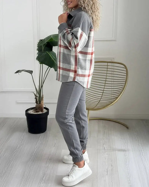 2 Pieces Outfit Plaid Print Spliced Turn-down Collar Button Front Asymmetrical Hem Top and Casual Elastic Waist Jogger Pants Set gray