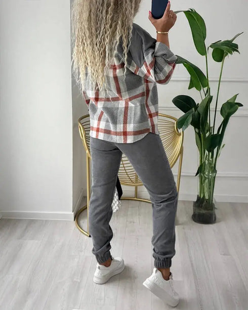 2 Pieces Outfit Plaid Print Spliced Turn-down Collar Button Front Asymmetrical Hem Top and Casual Elastic Waist Jogger Pants Set gray