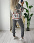2 Pieces Outfit Plaid Print Spliced Turn-down Collar Button Front Asymmetrical Hem Top and Casual Elastic Waist Jogger Pants Set gray