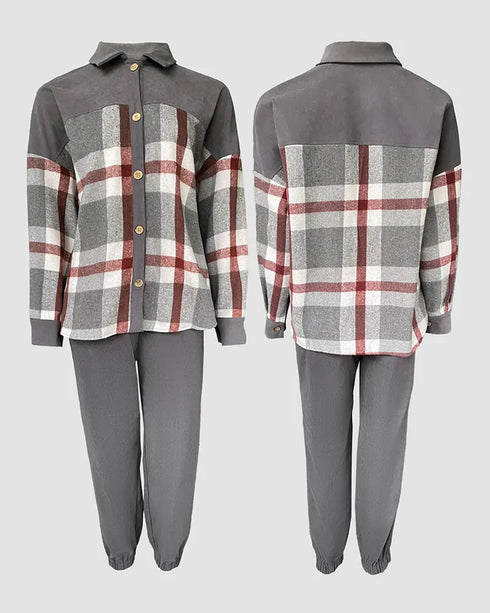 2 Pieces Outfit Plaid Print Spliced Turn-down Collar Button Front Asymmetrical Hem Top and Casual Elastic Waist Jogger Pants Set gray