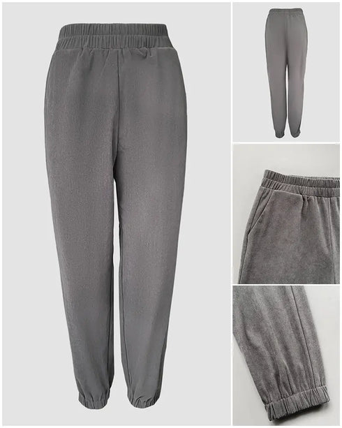 2 Pieces Outfit Plaid Print Spliced Turn-down Collar Button Front Asymmetrical Hem Top and Casual Elastic Waist Jogger Pants Set gray