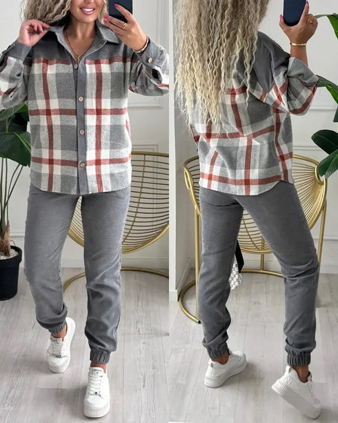 2 Pieces Outfit Plaid Print Spliced Turn-down Collar Button Front Asymmetrical Hem Top and Casual Elastic Waist Jogger Pants Set gray