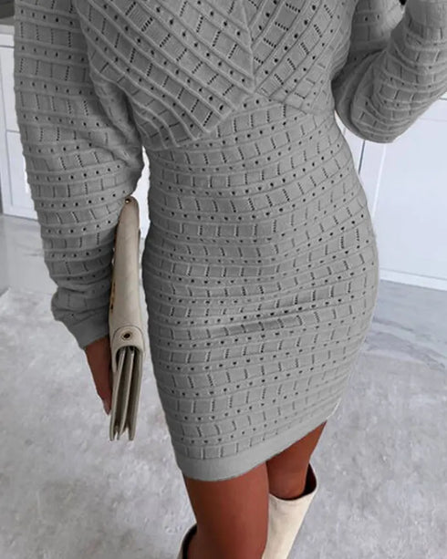 V-Neck Hollow Out Long Sleeve Knit Dress gray