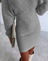 V-Neck Hollow Out Long Sleeve Knit Dress gray