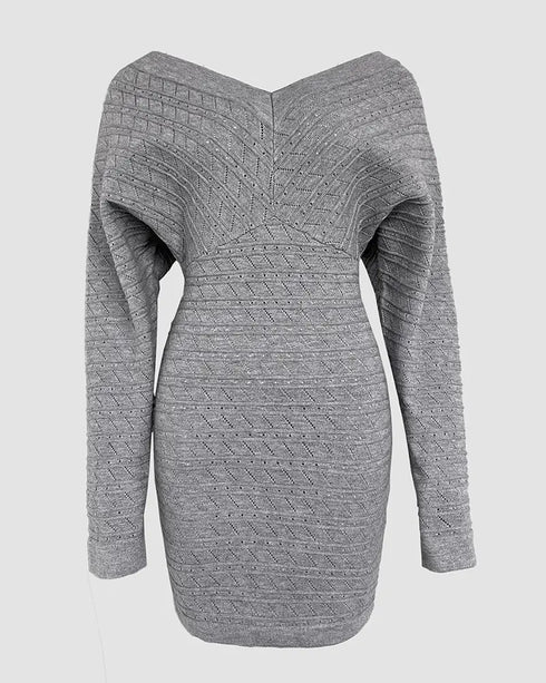 V-Neck Hollow Out Long Sleeve Knit Dress gray