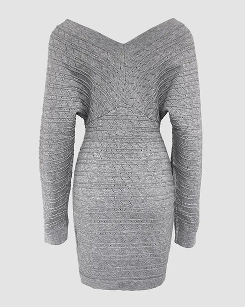 V-Neck Hollow Out Long Sleeve Knit Dress gray