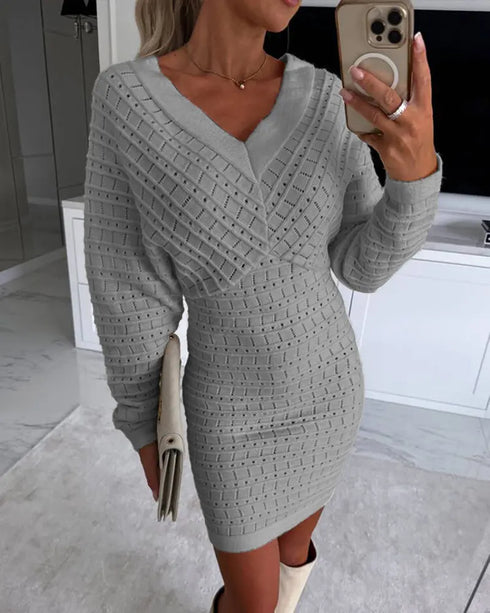 V-Neck Hollow Out Long Sleeve Knit Dress gray