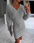 V-Neck Hollow Out Long Sleeve Knit Dress gray