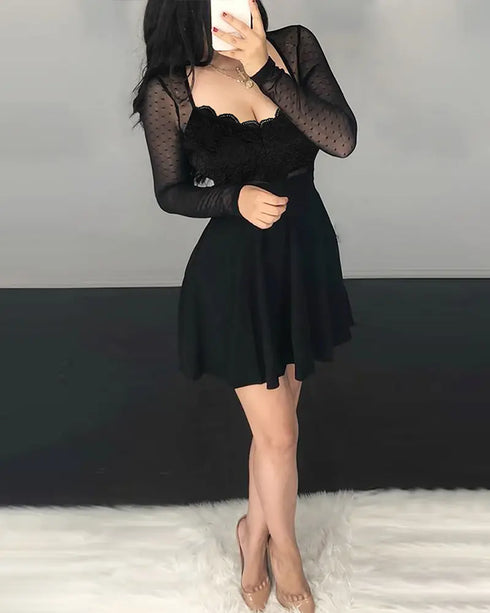 Dot Mesh Ruffles Long Sleeve Dress black