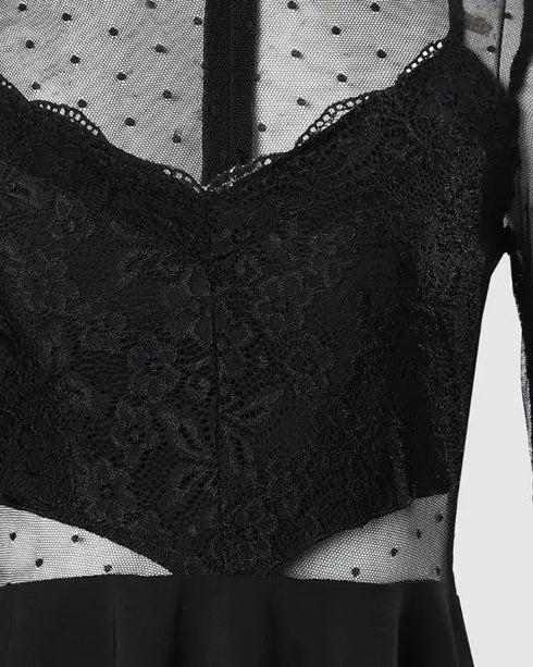 Dot Mesh Ruffles Long Sleeve Dress black