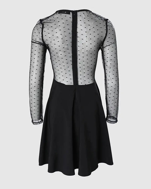 Dot Mesh Ruffles Long Sleeve Dress black