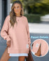 Letter Patch Detail Long Sleeve Drop Shoulder Pullover Sweatshirt Casual Zipper Side Slit Top light pink