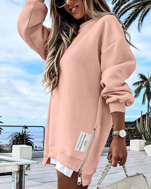 Long Sleeve Pocket Design Pullover Sweatshirt Casual Faux Two Piece Longline Drawstring Hooded Top light pink