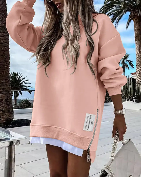 Long Sleeve Pocket Design Pullover Sweatshirt Casual Faux Two Piece Longline Drawstring Hooded Top light pink